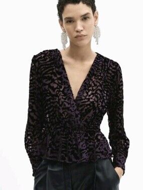 Mango Debora Velvet Burnout Blouse Sheer Purple Animal Print Wrap Top Sz XL